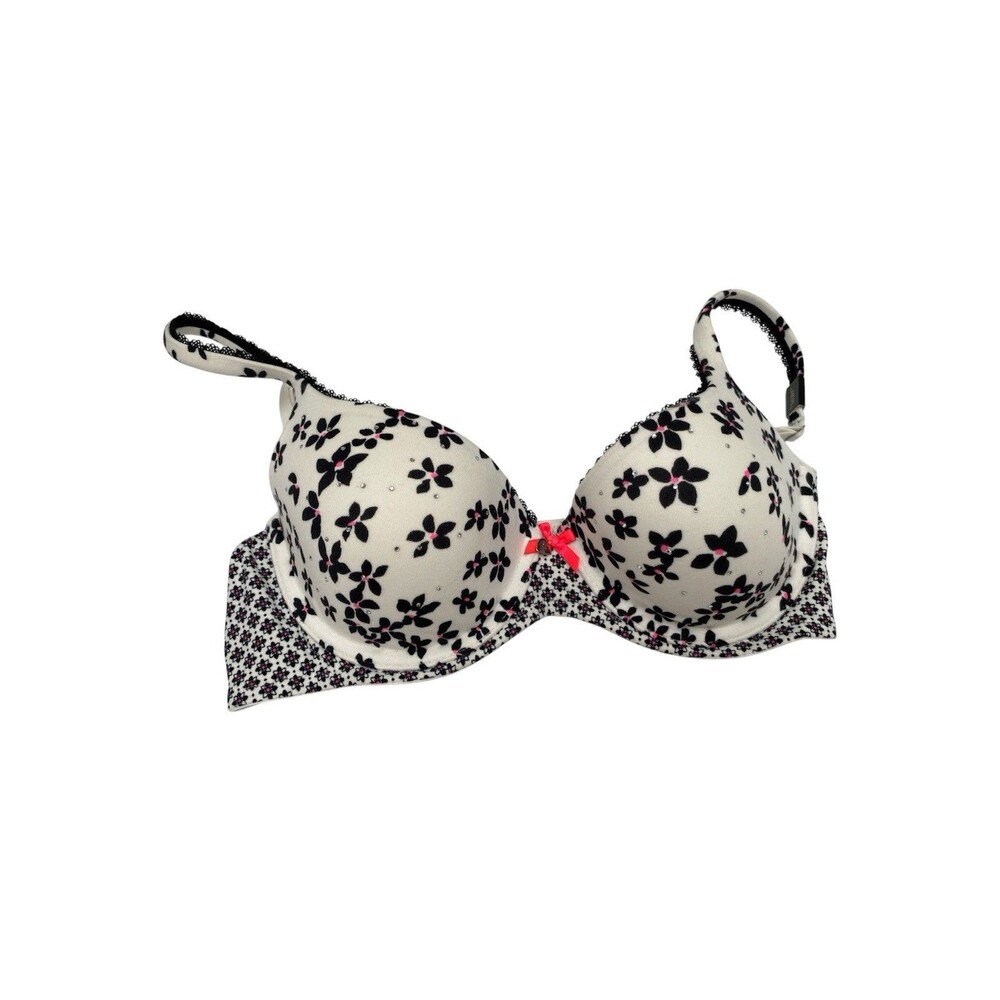 Victoria's Secret Lined Demi Black Pink Floral Lightly Padded Rhinestones 36 B
